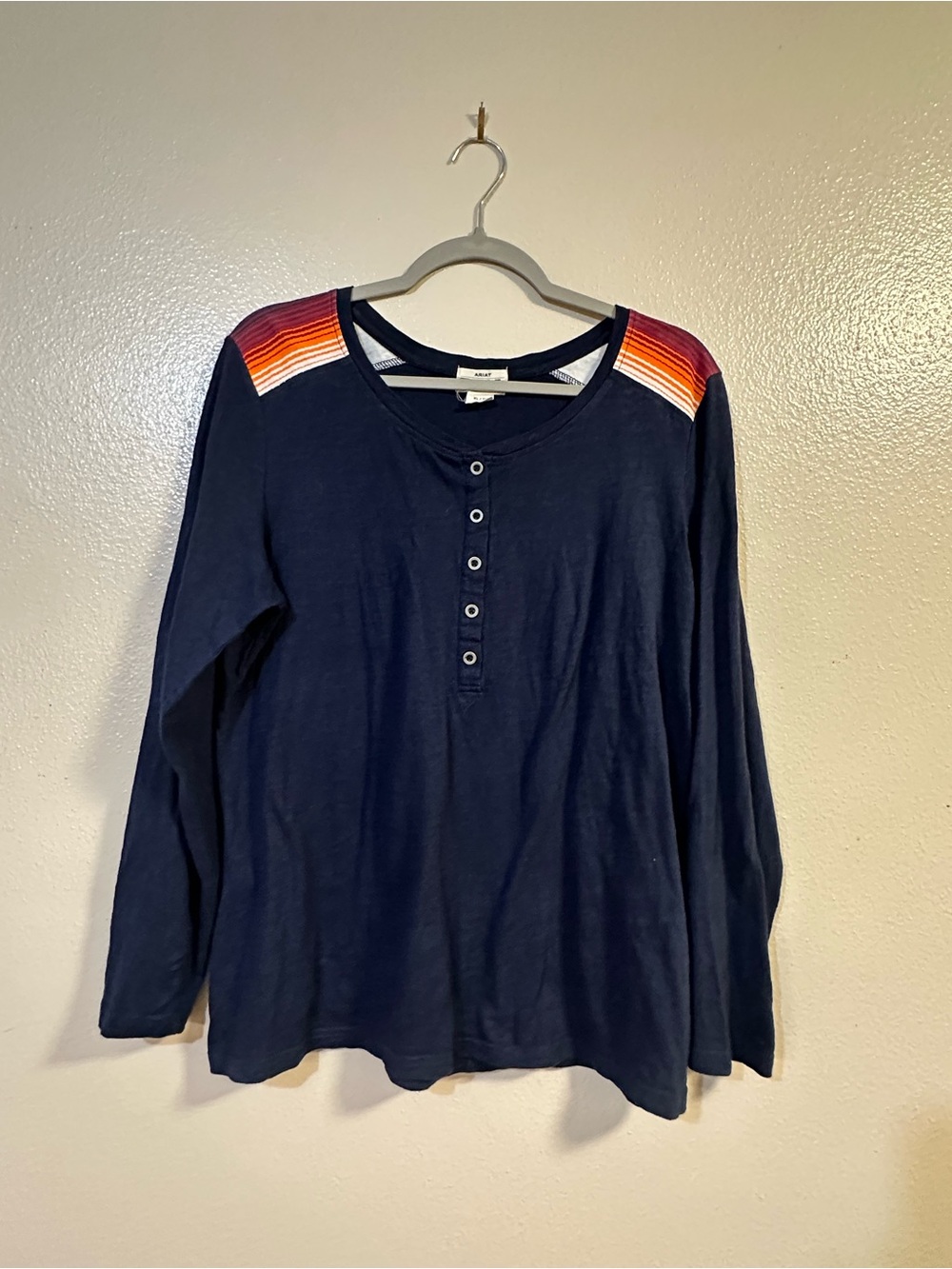 Ariat Navy Long Sleeve Henley Top with Striped Shoulder Accents